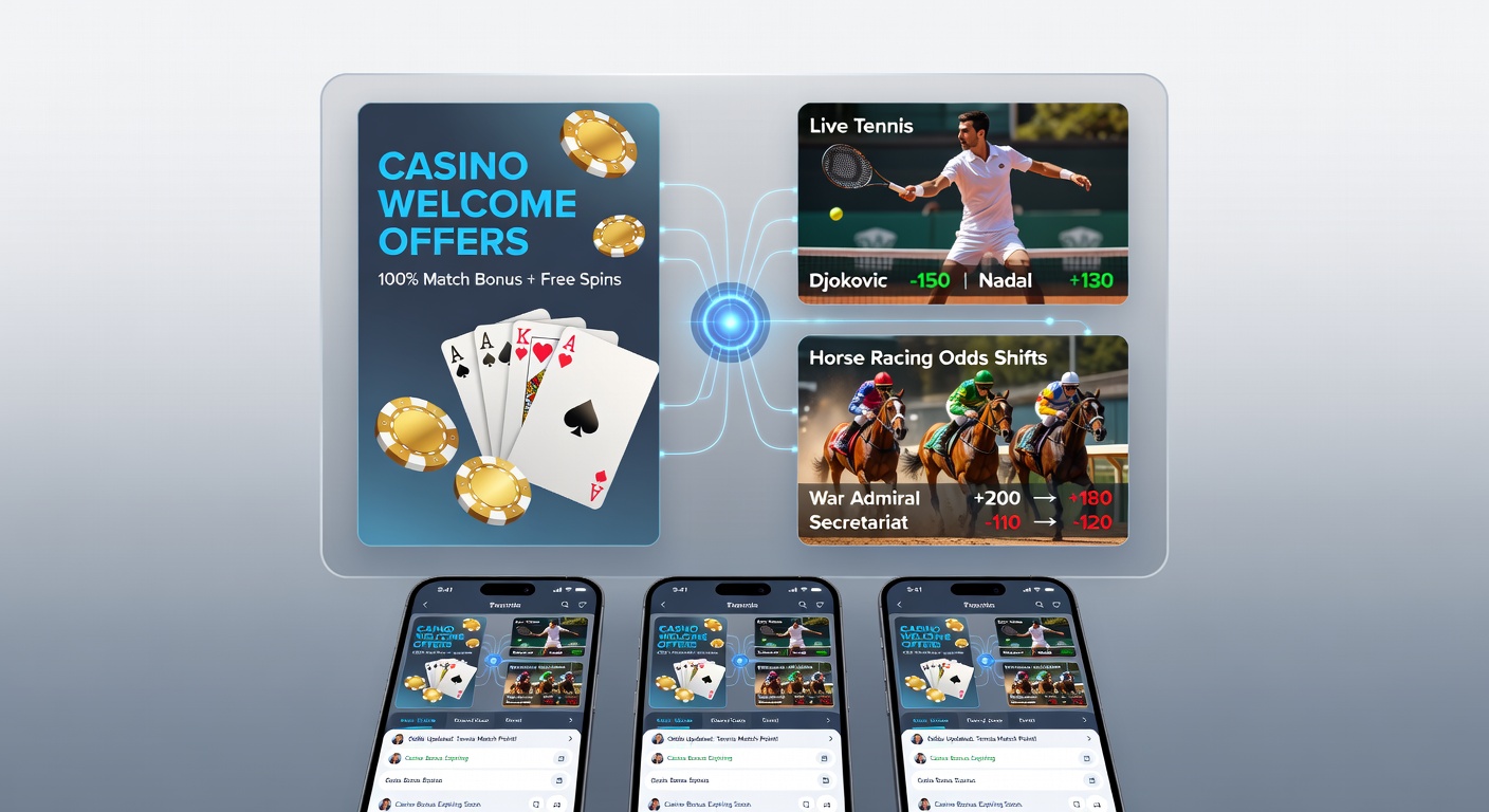 Darstellung der Synchronisation von Casino-Promotions und Live-Quoten auf mobilen Geräten bei Tennis- und Pferderennereignissen