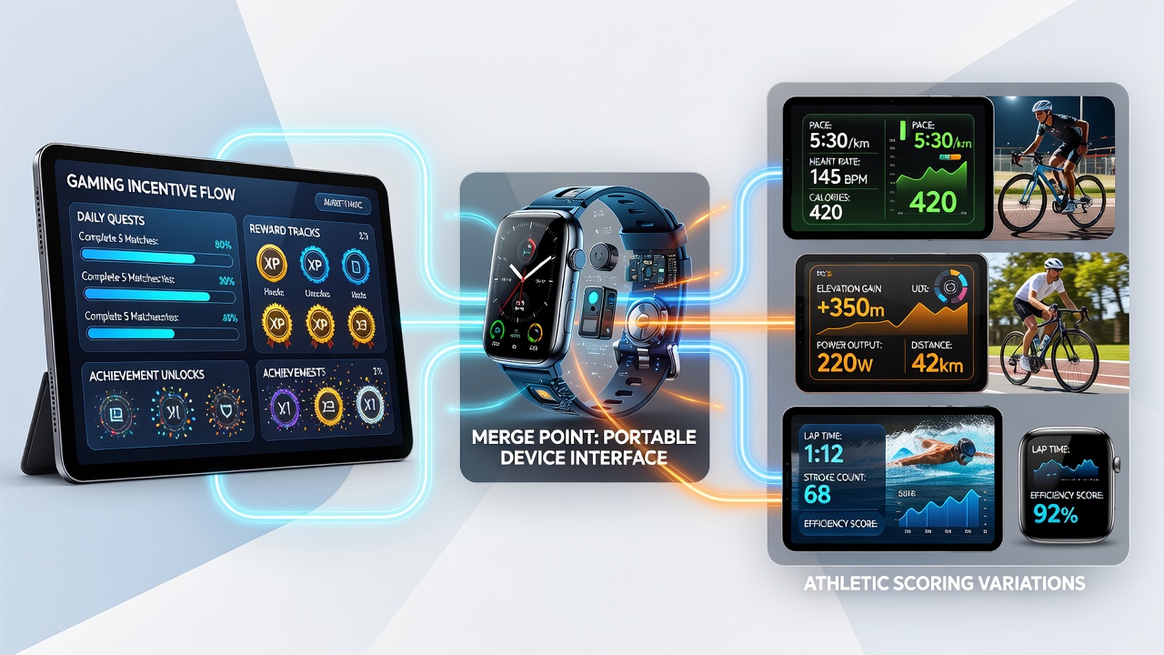 Mobile app interface displaying synchronized gaming bonuses and scoring variations from simultaneous horse racing and basketball events