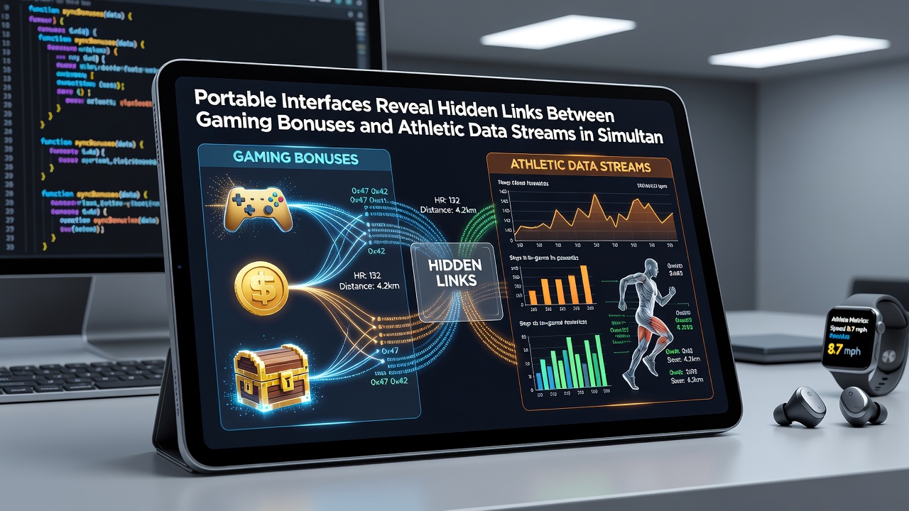 Datenströme aus simultanen Sport-Sessions fließen durch tragbare Interfaces zu synchronisierten Bonus-Systemen
