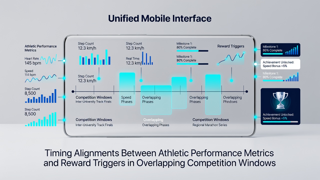 Mobile App-Oberfläche mit synchronisierten Leistungsdaten und Belohnungstriggern während überlappender Sportevents