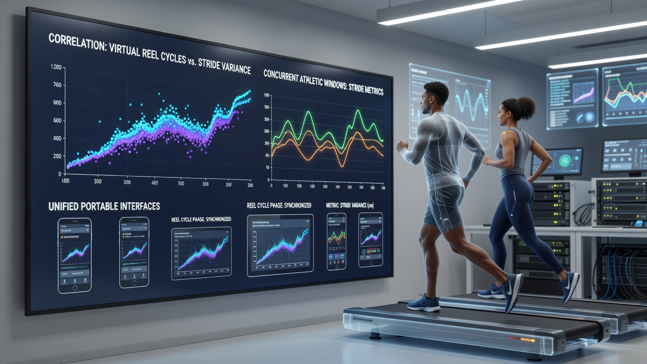 Darstellung von Datenströmen zwischen virtuellen Rollenzyklen und sportlichen Schrittmetriken auf mobilen Geräten